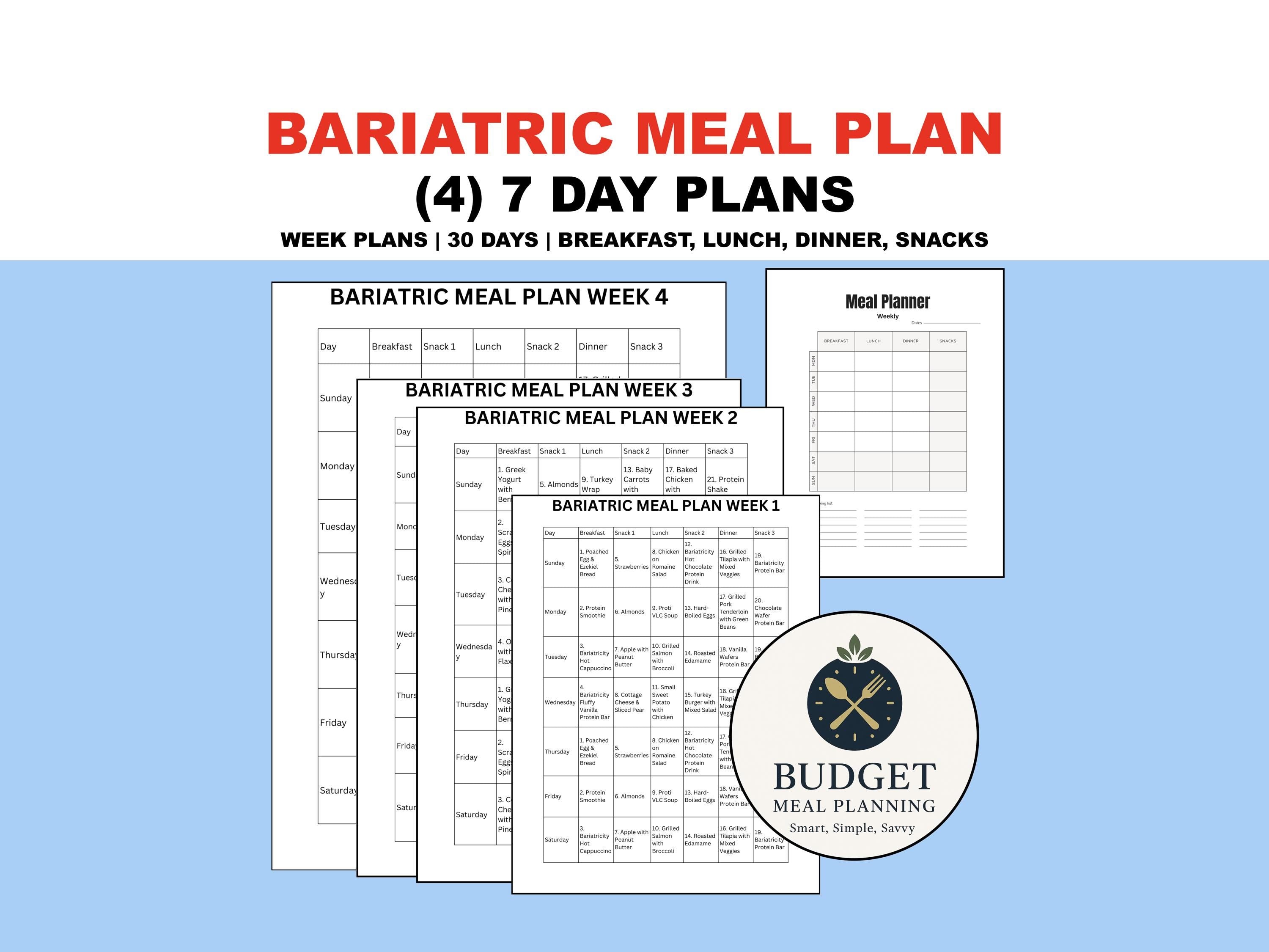 Bariatric Meal Plan Printable PDF, Gastric Bypass Diet Meal Ideas with Recipes + Weekly Shopping Lists