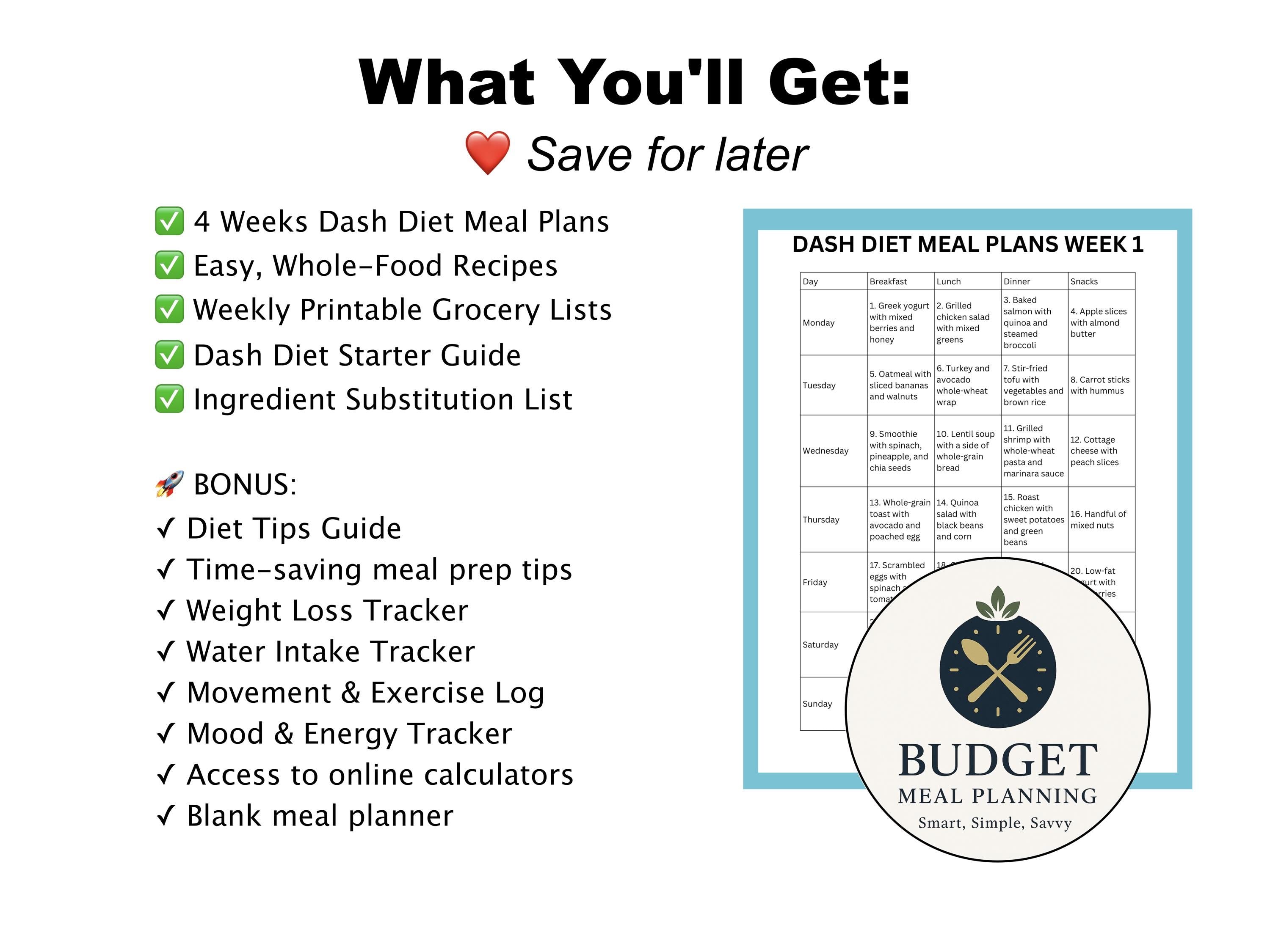 DASH Diet Meal Plan, Simple Easy Tracker Planner, High Blood Pressure Food, Hypertension Recipes