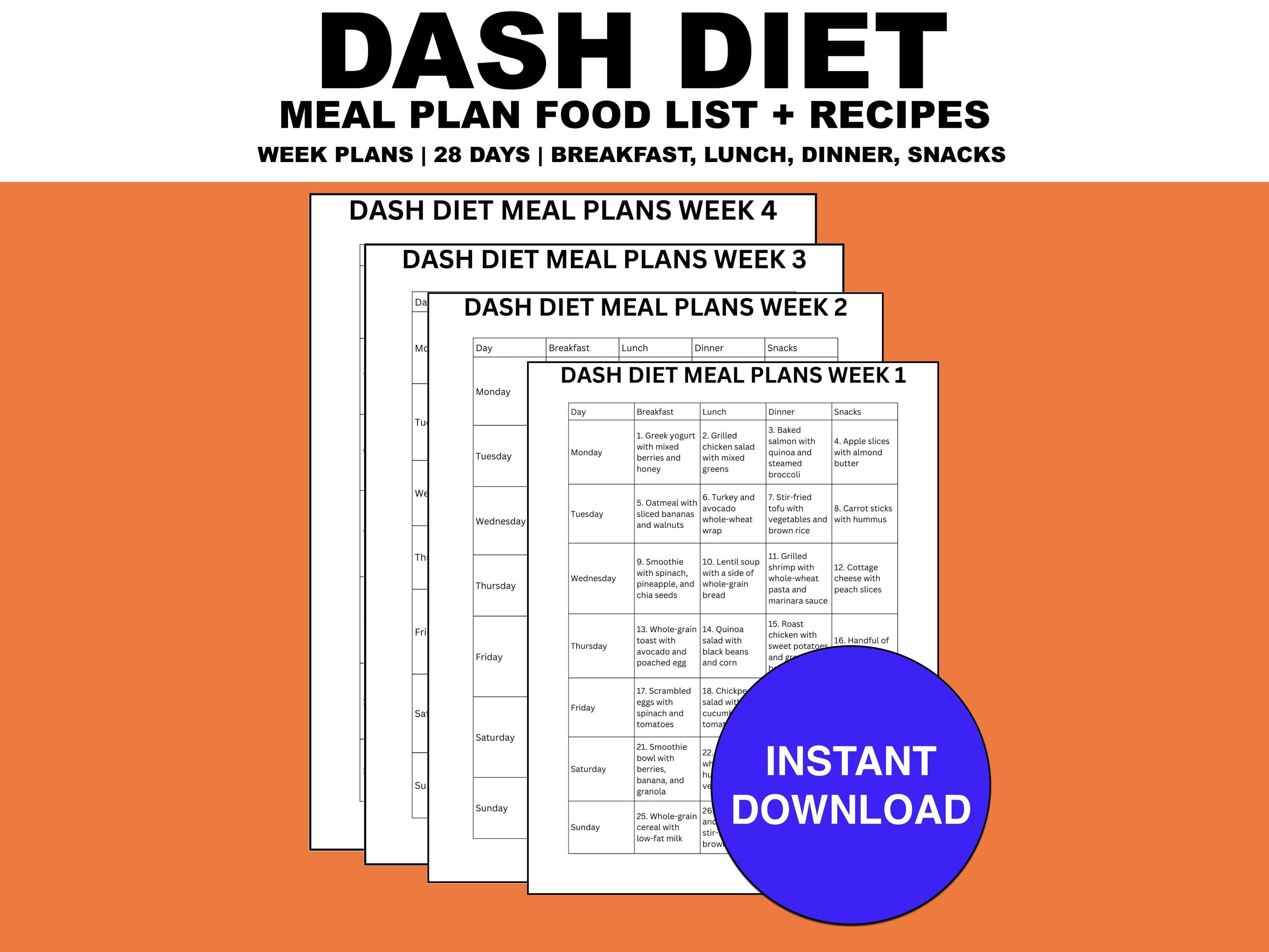 DASH Diet Meal Plan, Simple Easy Tracker Planner, High Blood Pressure Food, Hypertension Recipes